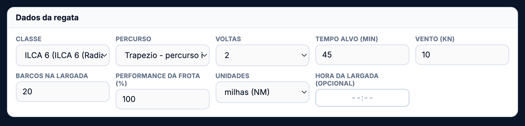 Seccao Dados da regata
