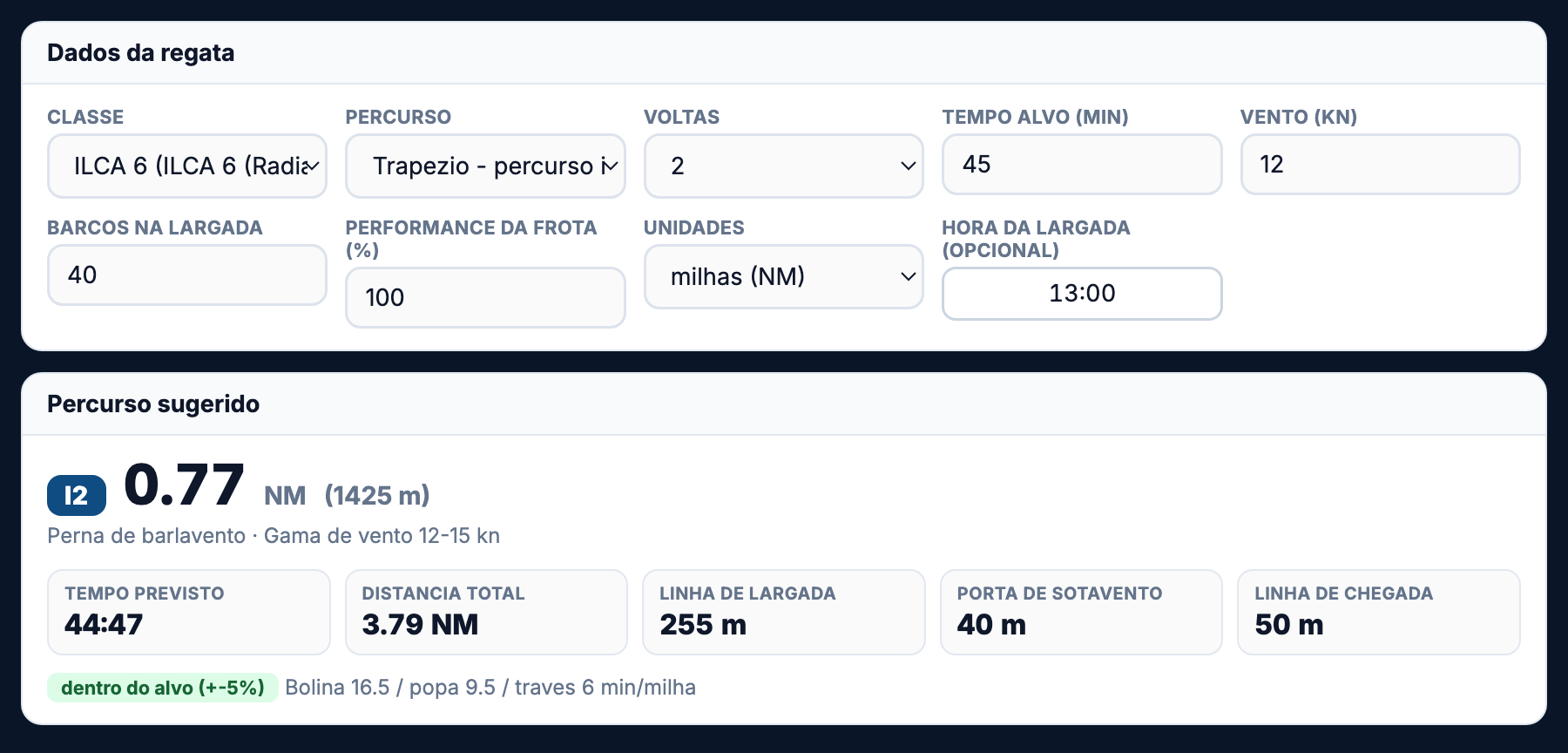 Percurso sugerido em trapezio com 0,77 NM de perna de barlavento