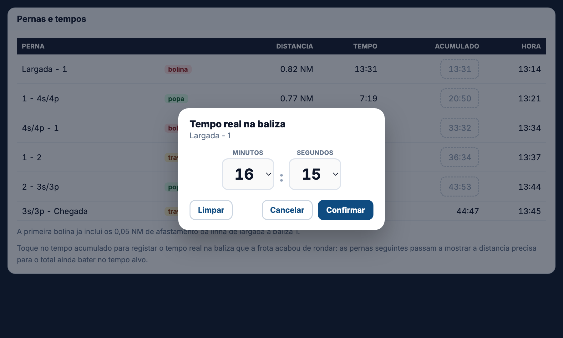 Modal com roletas de minutos e segundos